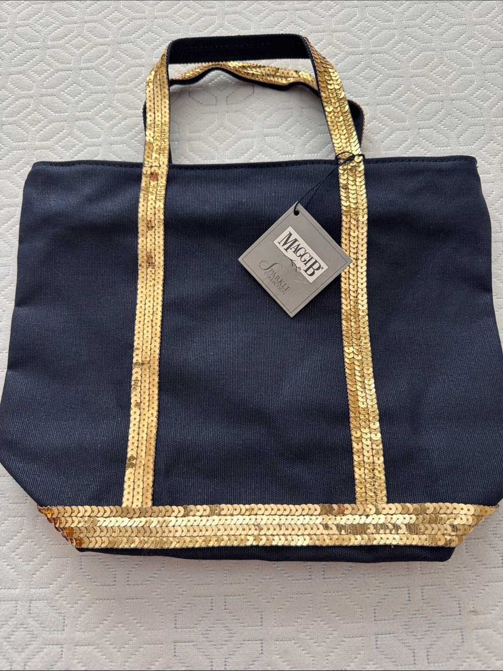 Navy Tote Bag with Gold Sequin Trim